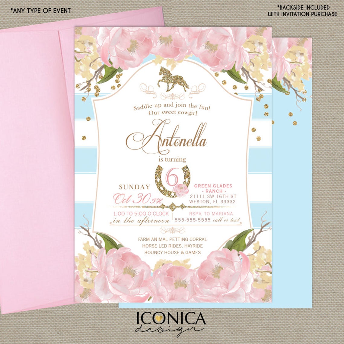 Horse Party Invitations,Equestrian Birthday Party Invite,Cowgirl invitation, Kentucky Derby Party, Pink Peony, Free Shipping Ibd0010