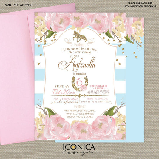 Horse Party Invitations,Equestrian Birthday Party Invite,Cowgirl invitation, Kentucky Derby Party, Pink Peony, Free Shipping Ibd0010