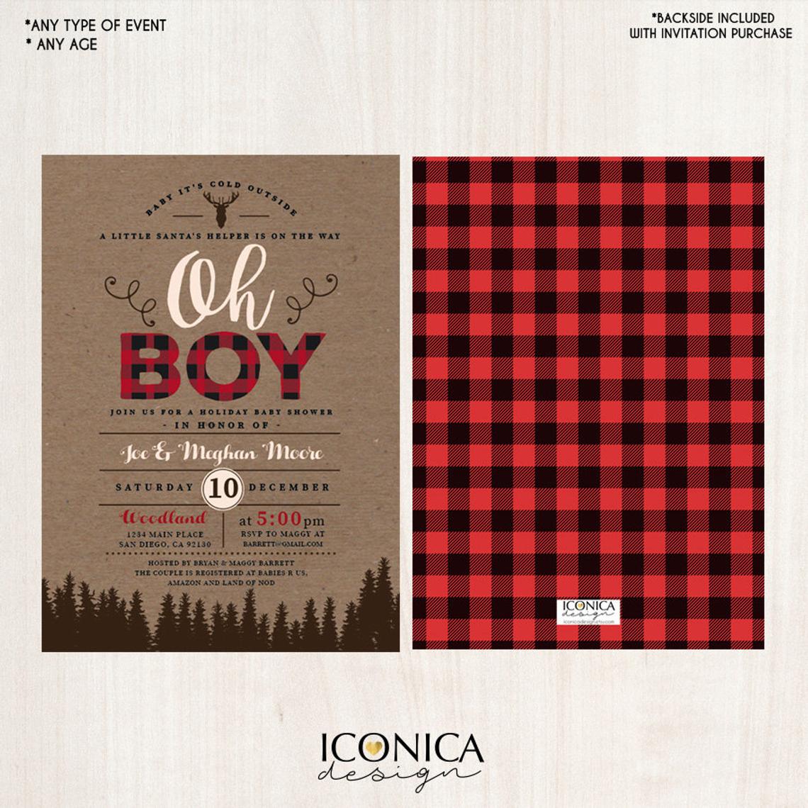 Lumberjack Baby Shower Invitation Plaid Wilderness Camping Invitation Buffalo plaid Invitation Printed or Printable - Free Shipping IBS0003