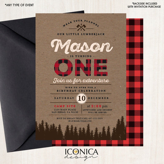 Lumberjack First Birthday Invitations,Personalized Buffalo Plaid Wilderness Lumberjcack Invitation,Printed-Printable Free Shipping Ibd0001