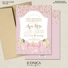 Load image into Gallery viewer, Floral First Birthday Invitation Gold Glitter Floral Pink Peony Invite 1st Birthday Party Invite Printed - Printable Free Shipping IBD0007

