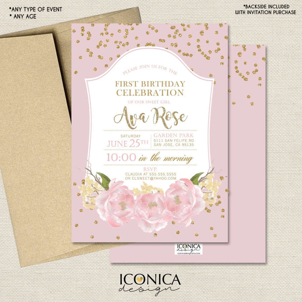 Floral First Birthday Invitation Gold Glitter Floral Pink Peony Invite 1st Birthday Party Invite Printed - Printable Free Shipping IBD0007