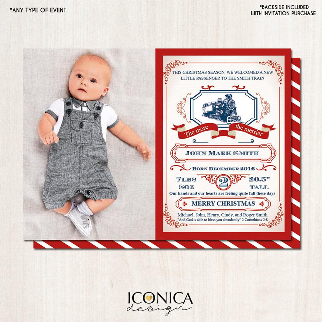 Baby announcement card, Announcement Card Red, Train Birthday Invitations , Birth Announcement, Any Age, Printed or Printable File, Free Shipping IBD0016