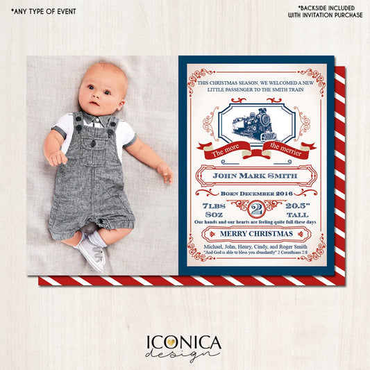 Baby announcement card Blue, Announcement Card, Train Card, Birthday Announcement, Any Age, Printed or Printable File, Free Shipping IBD0016