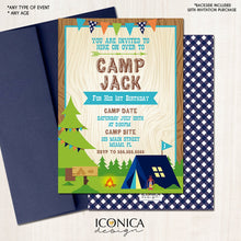 Load image into Gallery viewer, Camping Birthday Invitation Camp out Invitation Boy Camp || Blue Ginghams || Any type of event | Any Age Any Color Printed or Printable File
