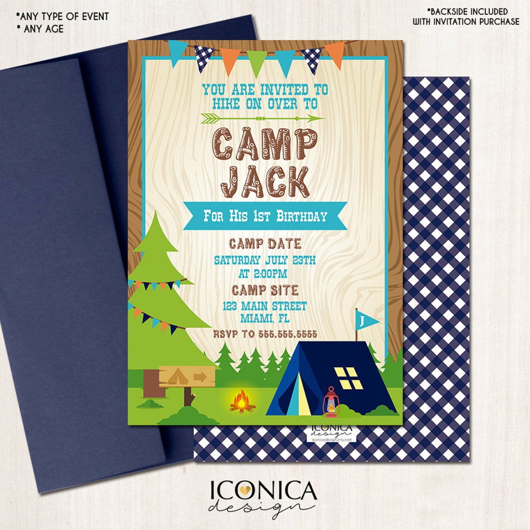 Camping Birthday Invitation Camp out Invitation Boy Camp || Blue Ginghams || Any type of event | Any Age Any Color Printed or Printable File