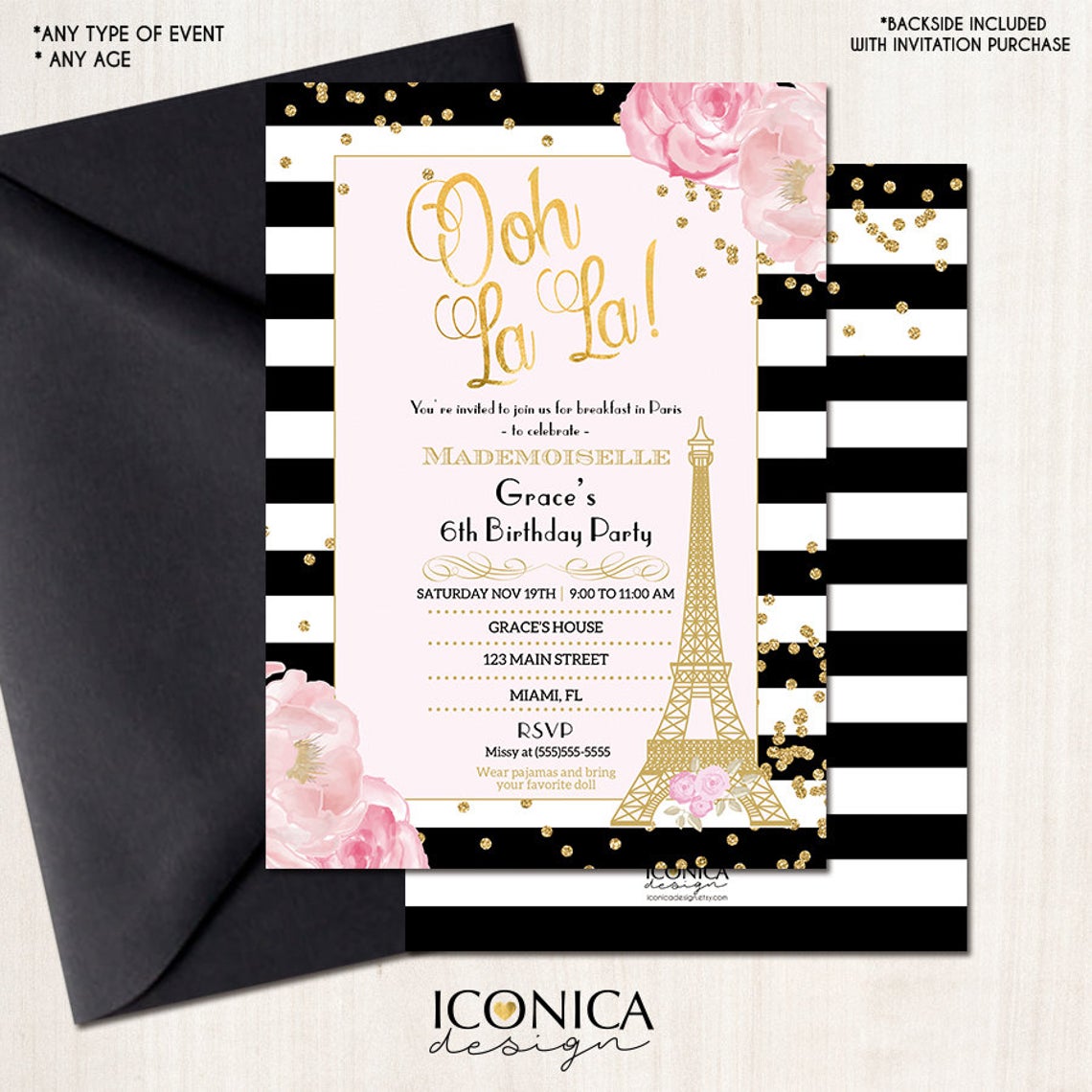 Paris Invitation, French Birthday Invitation, BLACK and WHITE Stripes, Floral Paris Invite, Printed or Printable File Free Shipping IBD0021