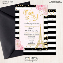 Load image into Gallery viewer, Paris Invitation, French Birthday Invitation, BLACK and WHITE Stripes, Floral Paris Invite, Printed or Printable File Free Shipping IBD0021
