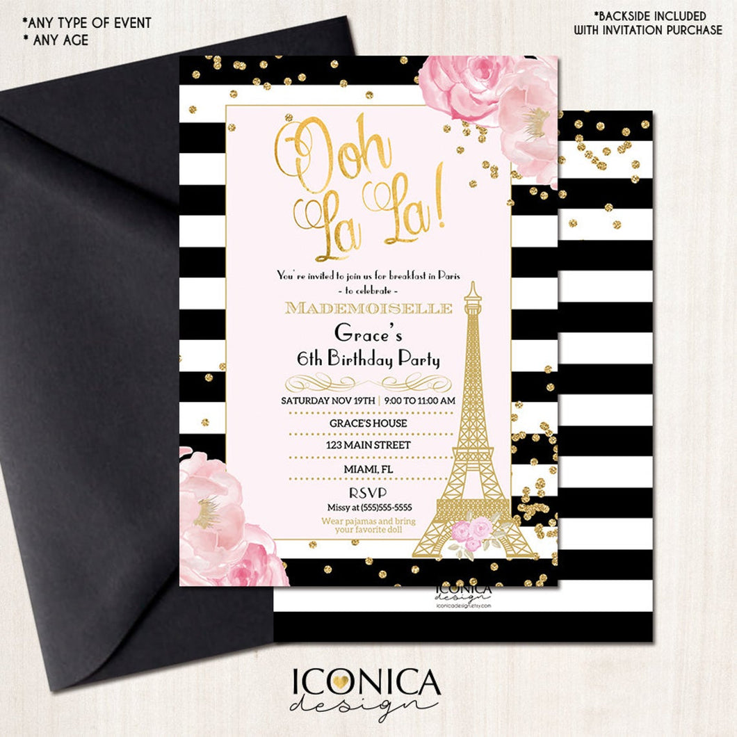 Paris Invitation, French Birthday Invitation, BLACK and WHITE Stripes, Floral Paris Invite, Printed or Printable File Free Shipping IBD0021