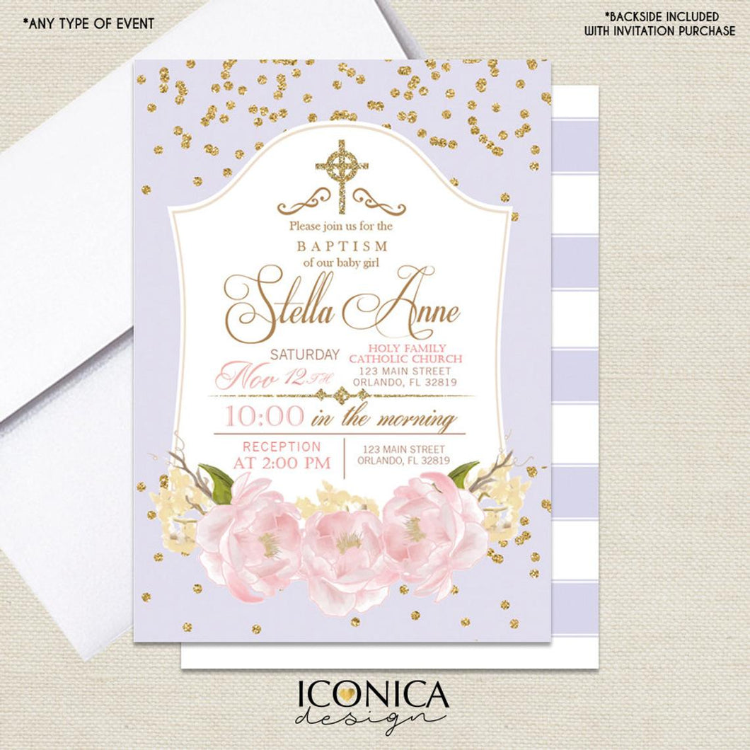 Floral Baptism Invitation Gold & Lavender Stripes Pink Peony Christening Party Invite Printed Printable File Free Shipping Ibp0003