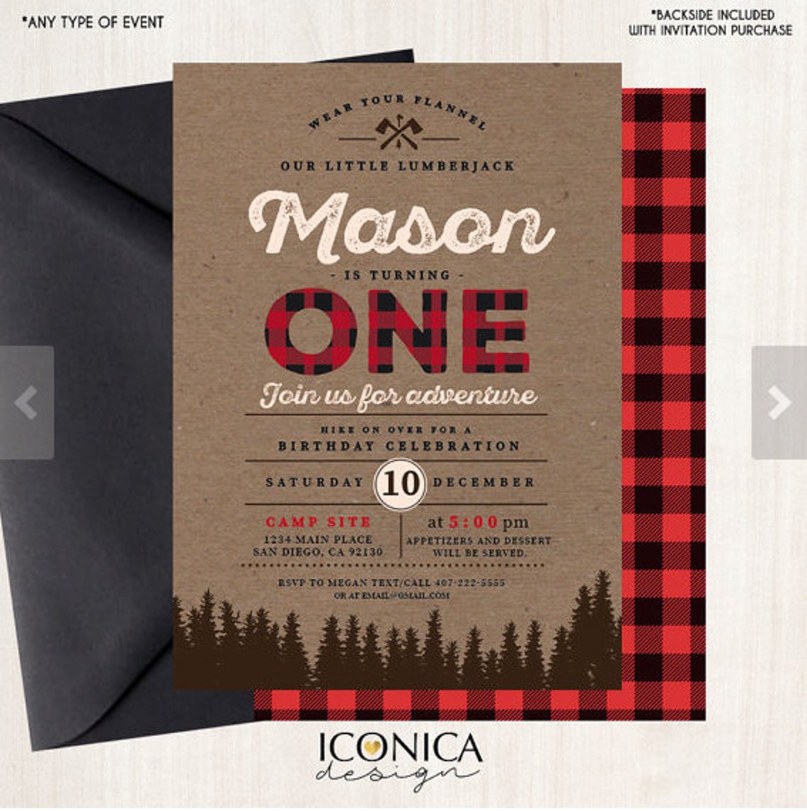 Lumberjack First Birthday Birthday Invitation Buffalo Plaid Wilderness Lumberjack Invitation Printed or Printable File Free Shipping IBD0011