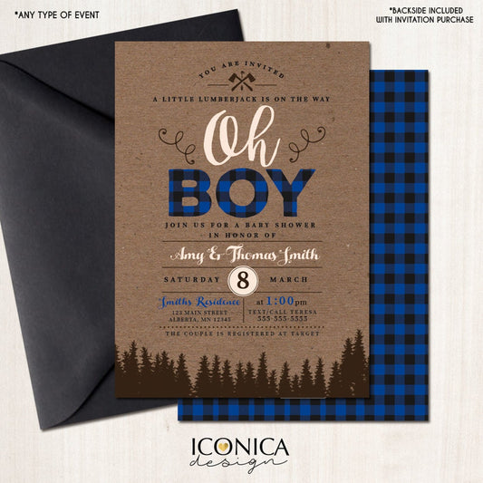 Lumberjack First Birthday Invitation BLUE Buffalo Plaid Wilderness Lumberjcack Invitation - Printed or Printable File Free Shipping IBD0001