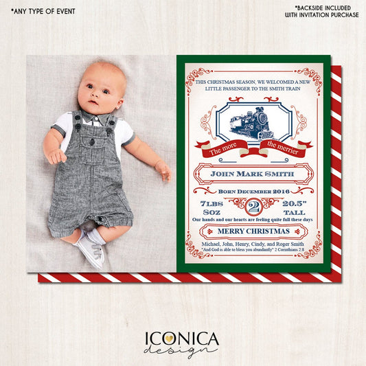 Baby announcement card Green, Announcement Card, Train Card, Birthday Announcement, Any Age, Printed or Printable File, Free Shipping IBD0016