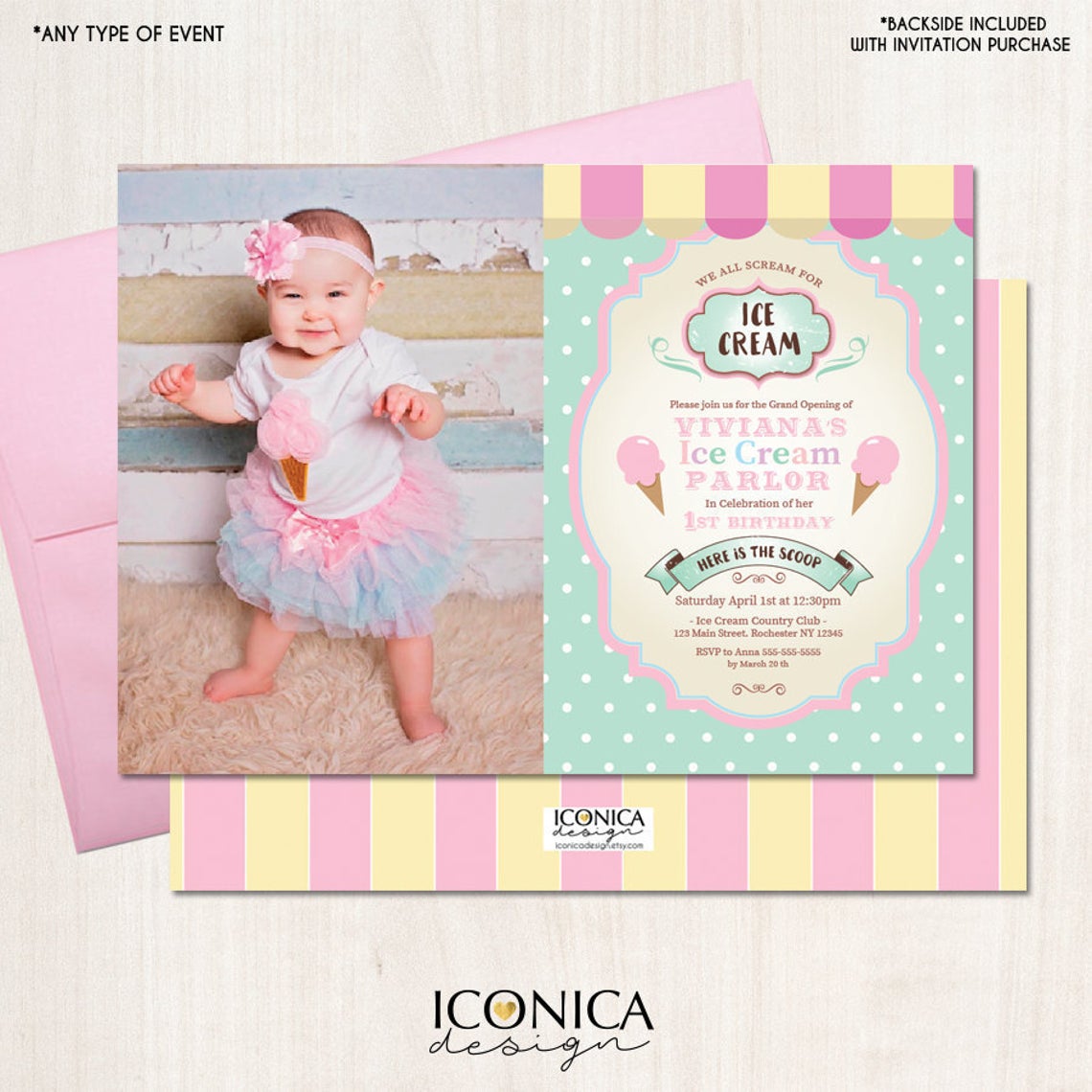 Ice Cream Party Birthday Invitation, Ice Cream Parlor Invitation, Sprinkles Party, Bakery Party Invite, Printed or Printable File IBD0041