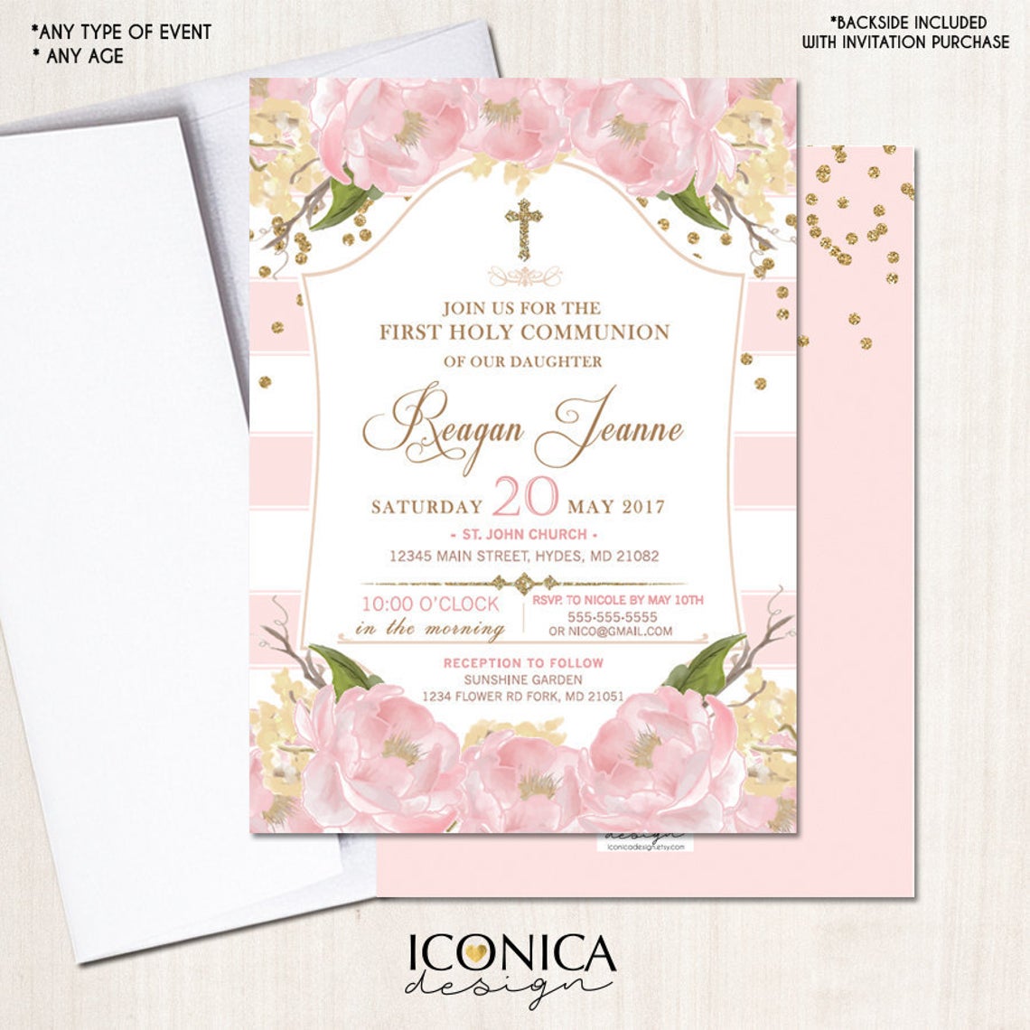 First Communion Invitation Floral Pink And Gold Invite Pink Peony Party Invite Printed Or Printable File Free Shipping Ifc0002