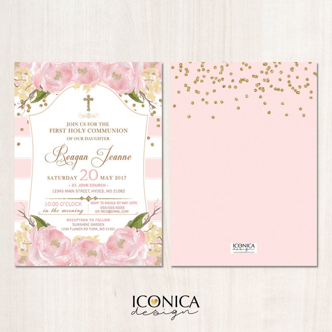 First Communion Invitation Floral Pink And Gold Invite Pink Peony Party Invite Printed Or Printable File Free Shipping Ifc0002