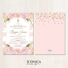 Load image into Gallery viewer, First Communion Invitation Floral Pink And Gold Invite Pink Peony Party Invite Printed Or Printable File Free Shipping Ifc0002
