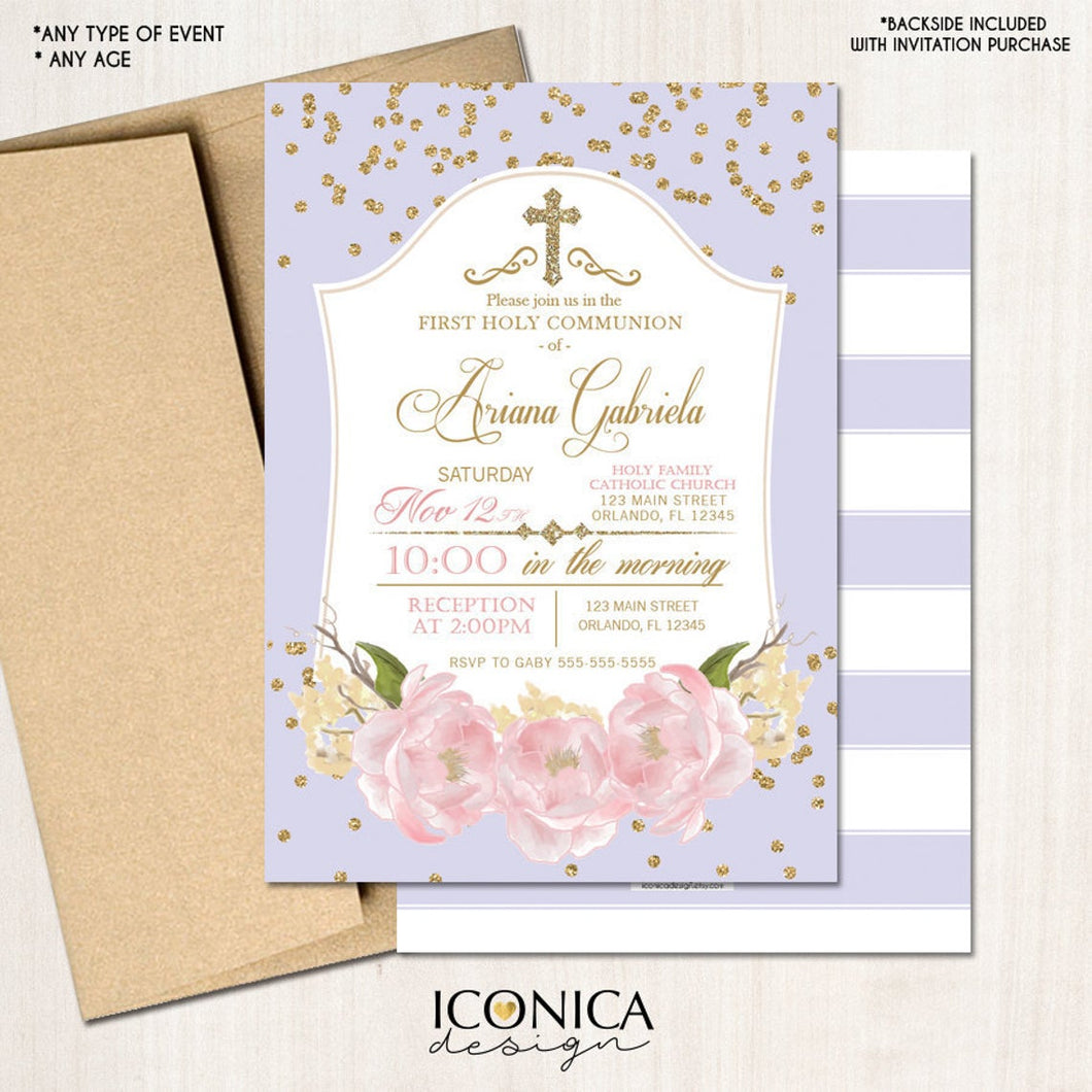 Floral First Communion Invitation Gold & Lilac Gold Glitter Pink Peony Party Invite Printed Or Printable File Free Shipping Ifc0004