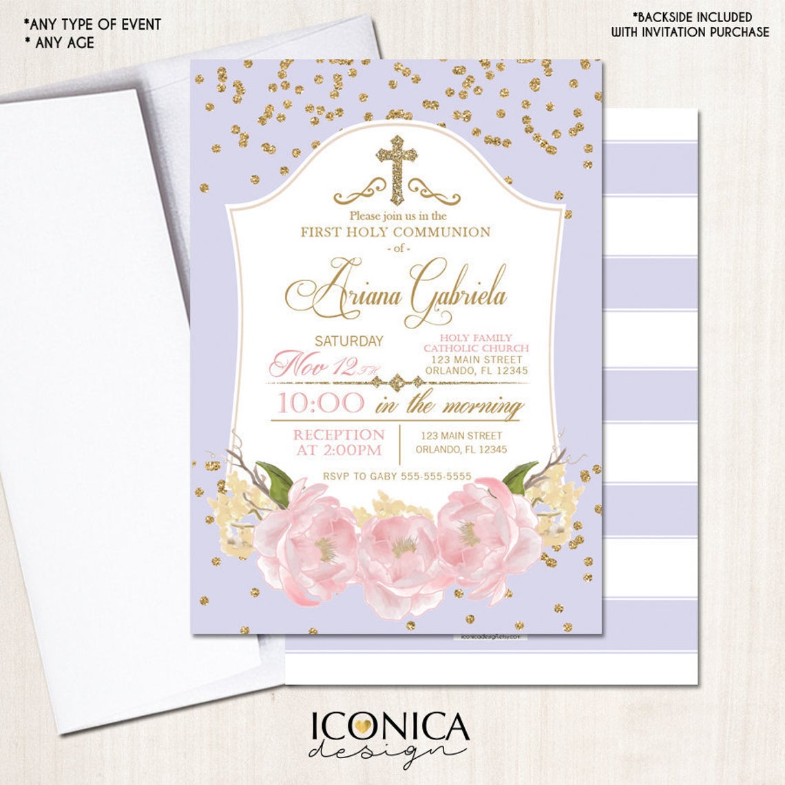 Floral First Communion Invitation Gold & Lilac Gold Glitter Pink Peony Party Invite Printed Or Printable File Free Shipping Ifc0004