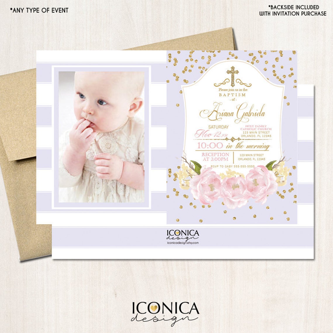 BAPTISM Invitations GOLD & Lilac Stripes Glitter Floral Invite Lilac Peony Christening Invite Printed OR Printable Free Shipping IBP0001