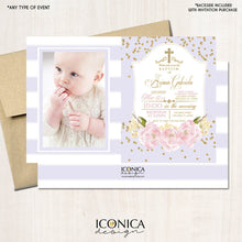 Load image into Gallery viewer, BAPTISM Invitations GOLD &amp; Lilac Stripes Glitter Floral Invite Lilac Peony Christening Invite Printed OR Printable Free Shipping IBP0001
