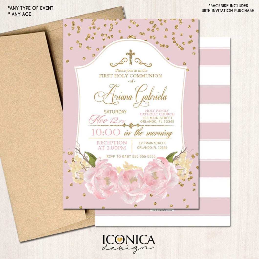 First Communion Invitation Gold & Pink Gold Glitter Floral Invite Pink Peony Invite Any Event Printed - Printable File Free Shipping Ich0002