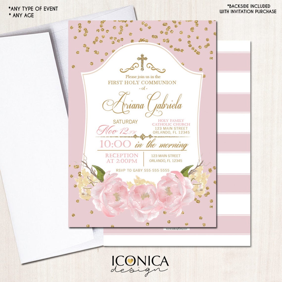 First Communion Invitation Gold & Pink Gold Glitter Floral Invite Pink Peony Invite Any Event Printed - Printable File Free Shipping Ich0002