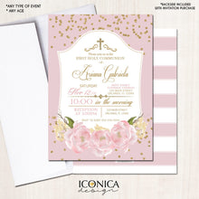 Load image into Gallery viewer, First Communion Invitation Gold &amp; Pink Gold Glitter Floral Invite Pink Peony Invite Any Event Printed - Printable File Free Shipping Ich0002
