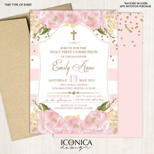 Load image into Gallery viewer, First Communion Invitation Floral Pink And Gold Invite Pink Peony Party Invite Printed Or Printable File Free Shipping Ifc0002
