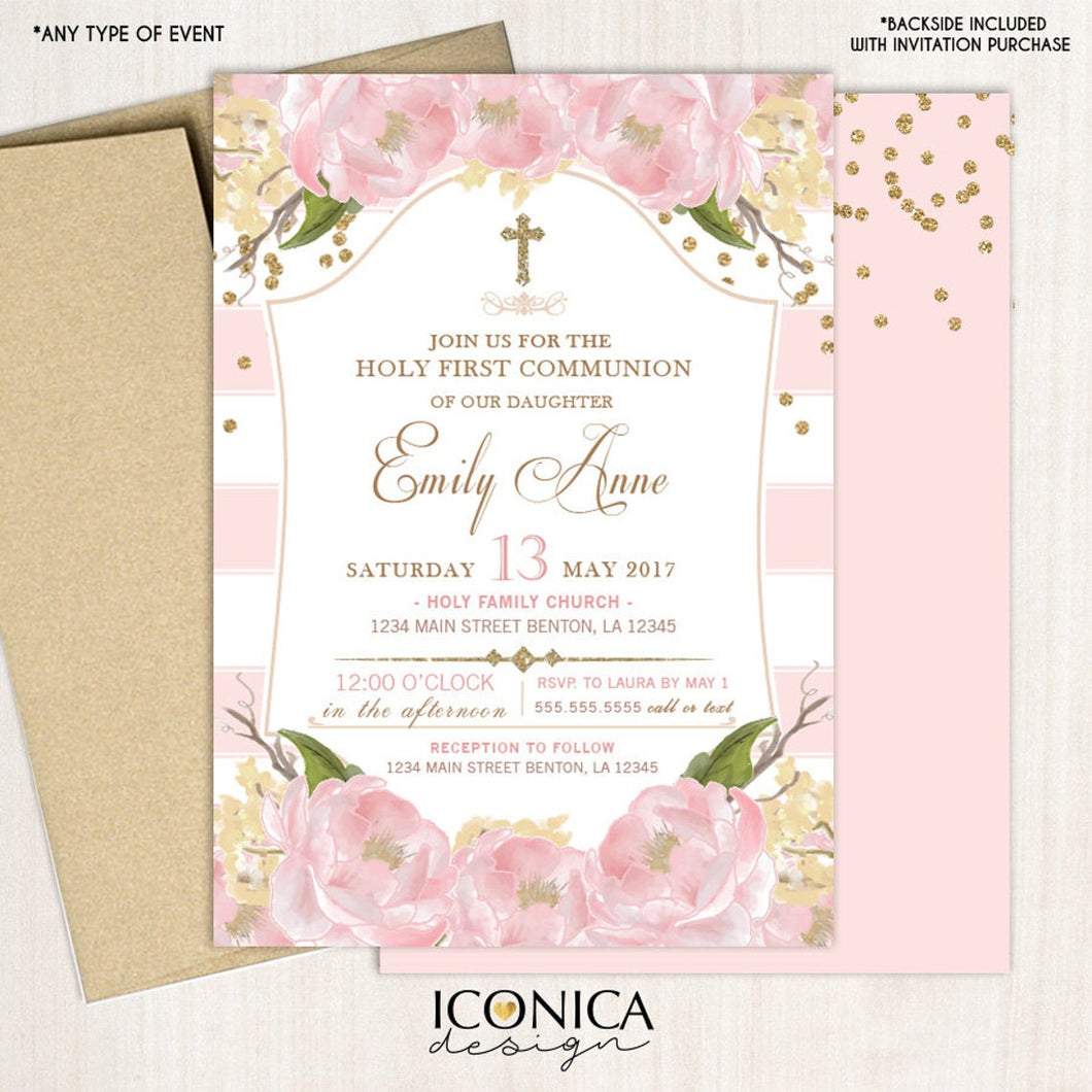 First Communion Invitation Floral Pink And Gold Invite Pink Peony Party Invite Printed Or Printable File Free Shipping Ifc0002