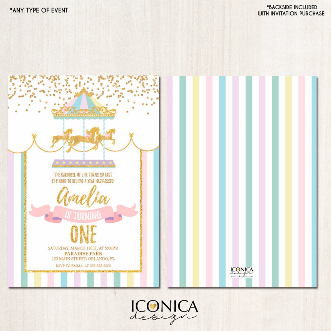 Carousel Birthday Invitation, Carousel Invite, Circus Girl Invitation, Any Age, Any Event, Pastel Colors, Printed Or Printable File Ibd0013