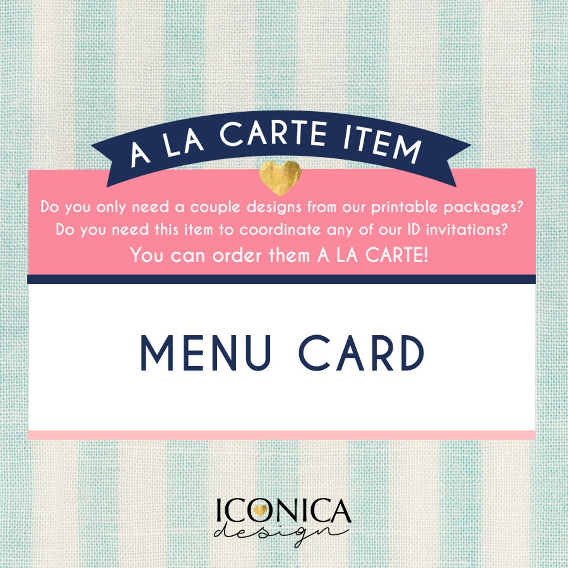 Menu Card - Printed Menus ||A la carte || Made to match any ID invitation - Free Shipping