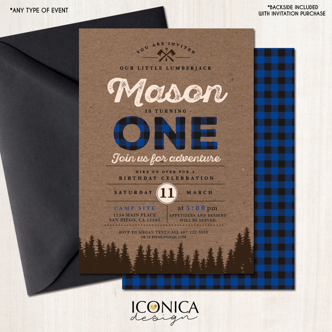 Lumberjack First Birthday Invitation BLUE Buffalo Plaid Wilderness Lumberjcack Invitation - Printed or Printable File Free Shipping IBD0001