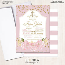 Load image into Gallery viewer, Baptism Invitation Gold &amp; Pink Gold Glitter Floral Invite Pink Peony Christening Party Invite Printed - Printable File Free Shipping Ich0002
