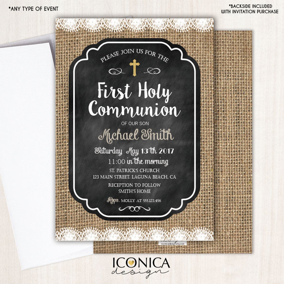 First Communion Invitation Burlap Rustic Chalky Invite Lace - Chalky Communion Invitations - Printed or Printable File Free Shipping IFC0009