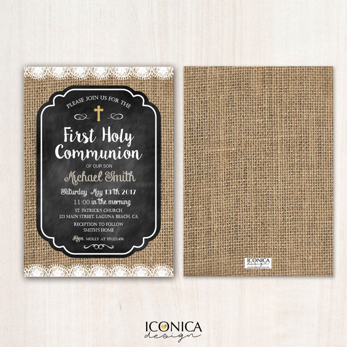 First Communion Invitation Burlap Rustic Chalky Invite Lace - Chalky Communion Invitations - Printed or Printable File Free Shipping IFC0009