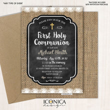 Load image into Gallery viewer, First Communion Invitation Burlap Rustic Chalky Invite Lace - Chalky Communion Invitations - Printed or Printable File Free Shipping IFC0009
