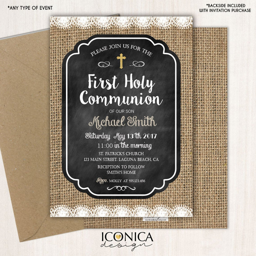 First Communion Invitation Burlap Rustic Chalky Invite Lace - Chalky Communion Invitations - Printed or Printable File Free Shipping IFC0009