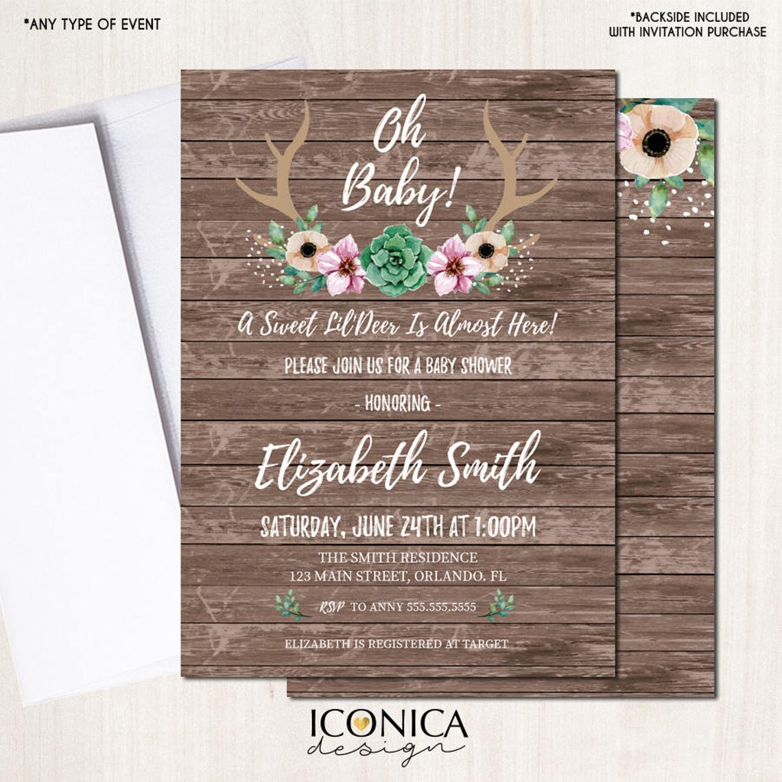 Antlers Baby Shower Invitation, Floral Antlers Invitation, Rustic Deer Invites, Succulents, Printed or Printable File, Free Shipping IBS0010