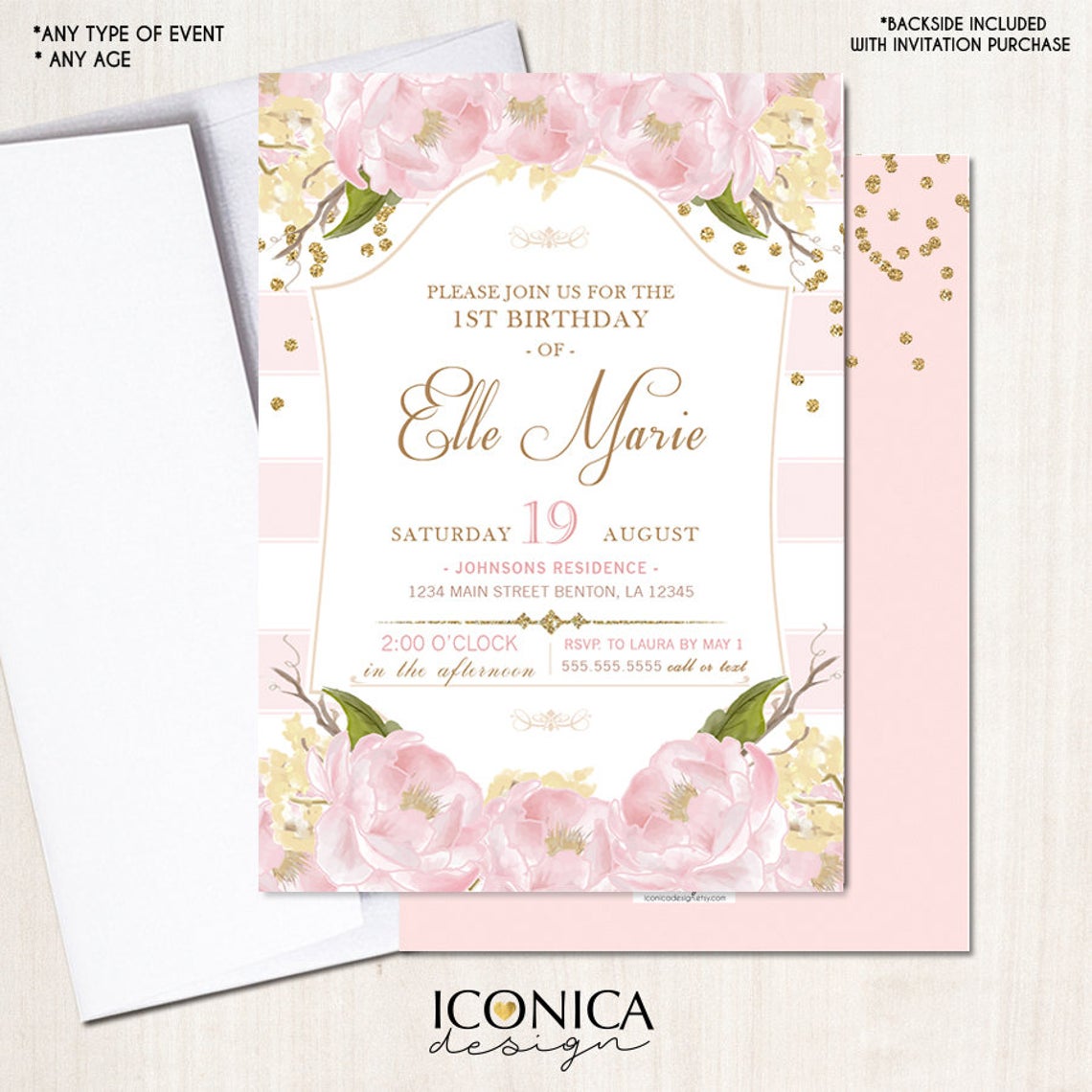 Floral First Birthday Invitation,Floral Pink and White Stripes Invite,Pink Peonies 1st Birthday Invitation,Printed Or Printable File IBD0034