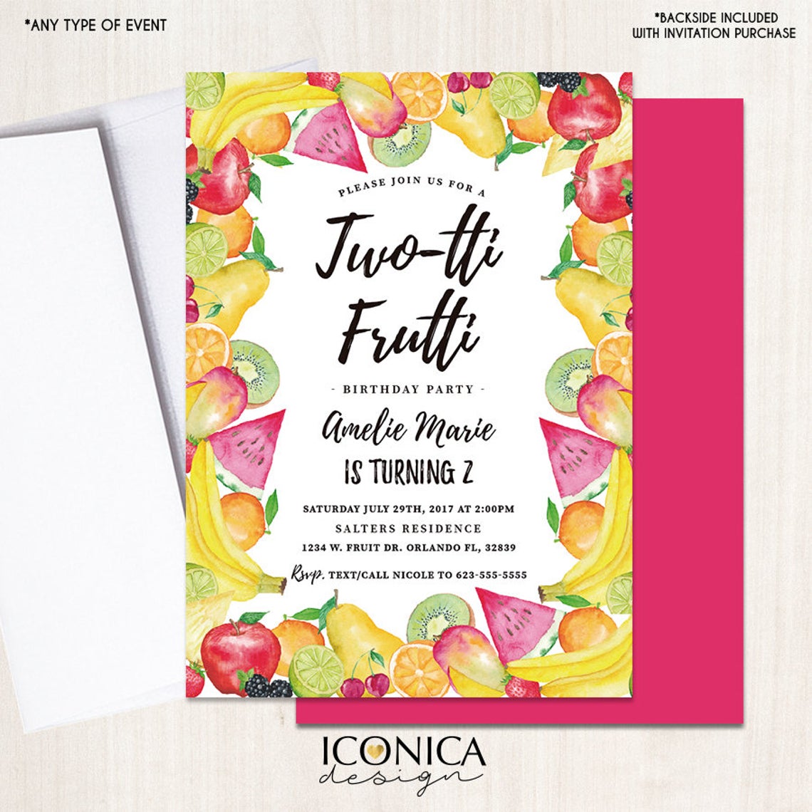 Two-tti Frutti Birthday Invitation, Tutti Frutti Swim Bash, Summer PARTY Invitation,Fruit Party card,Printed OR Printable File IBD0035