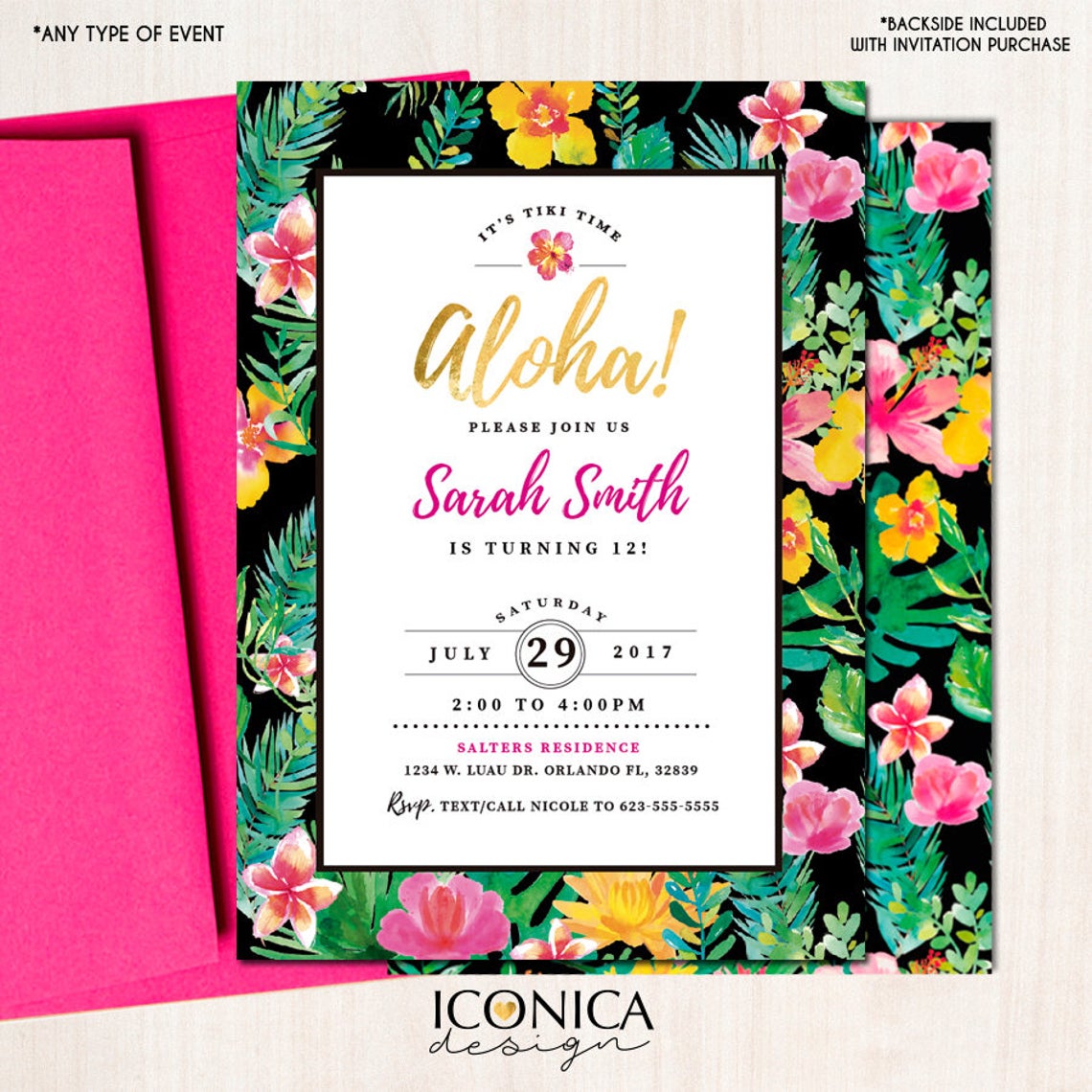 Luau Birthday Party Invitation, Pool Party, Hawaiian Party, Tiki Birthday Invitation, Tropical Invites,Digital or Printed Invitation IBD0036