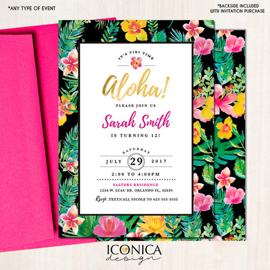 Luau Birthday Party Invitation, Pool Party, Hawaiian Party, Tiki Birthday Invitation, Tropical Invites,Digital or Printed Invitation IBD0036