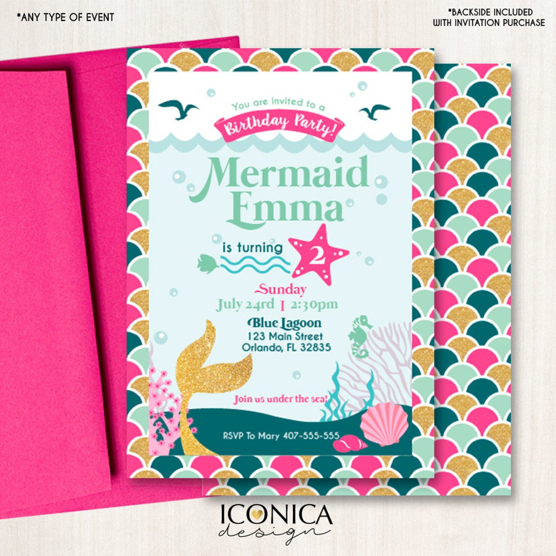 Mermaid Party Invitation, Mermaid 1st Birthday Party or any age or colors - Pink Gold Teal mermaid party, Printed or Printable File IBD0038