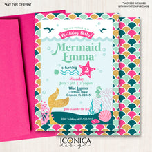 Load image into Gallery viewer, Mermaid Party Invitation, Mermaid 1st Birthday Party or any age or colors - Pink Gold Teal mermaid party, Printed or Printable File IBD0038
