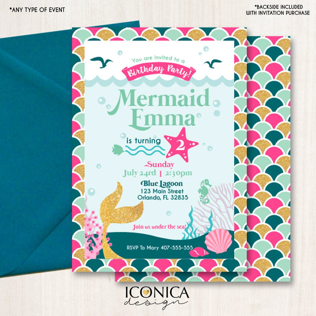 Mermaid Party Invitation, Mermaid 1st Birthday Party or any age or colors - Pink Gold Teal mermaid party, Printed or Printable File IBD0038