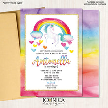 Load image into Gallery viewer, Unicorn Birthday Invitation Tie Dye | Rainbow Birthday Party | Art Party Invitation |Rainbow Watercolor Card - Any Age | Ibd0025
