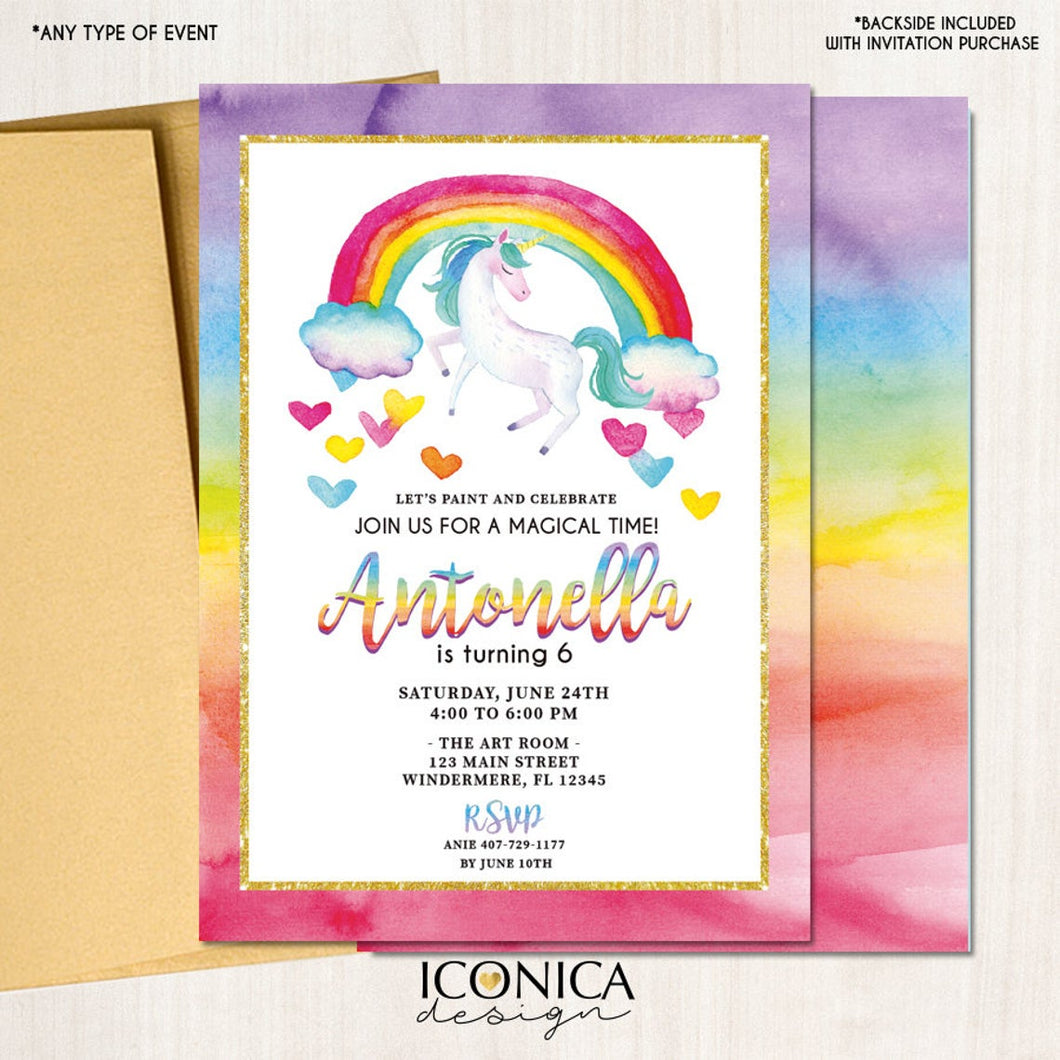Unicorn Birthday Invitation Tie Dye | Rainbow Birthday Party | Art Party Invitation |Rainbow Watercolor Card - Any Age | Ibd0025