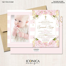 Load image into Gallery viewer, BAPTISM Invitation GOLD &amp; PINK Gold Glitter Floral Invite Pink Peony Christening Party Invite Printed - Printable File Free Shipping IBP0005
