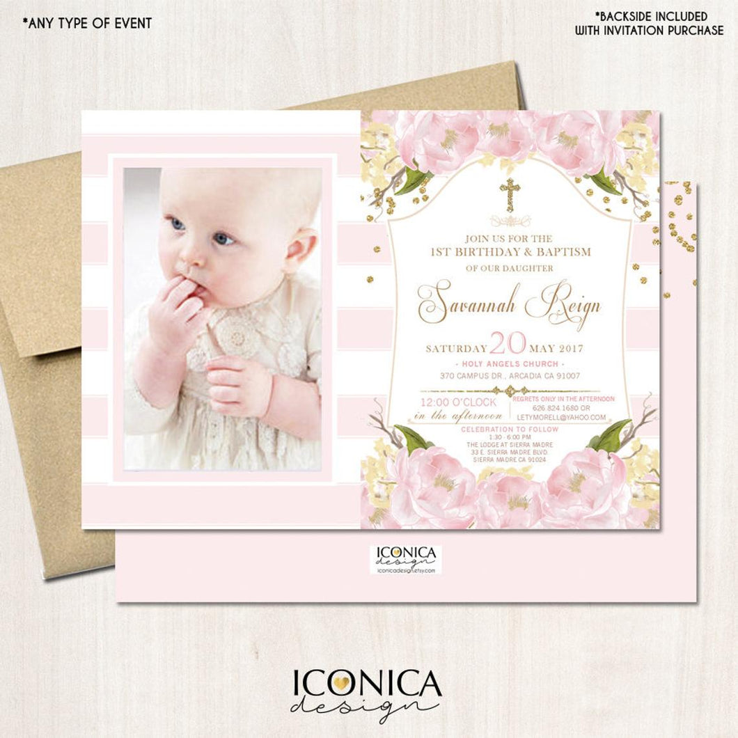BAPTISM Invitation GOLD & PINK Gold Glitter Floral Invite Pink Peony Christening Party Invite Printed - Printable File Free Shipping IBP0005
